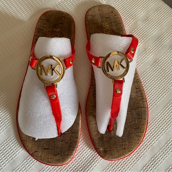 Michael Kors Cork Sandals Charm Jelly MK Gold Logo - Picture 3 of 13